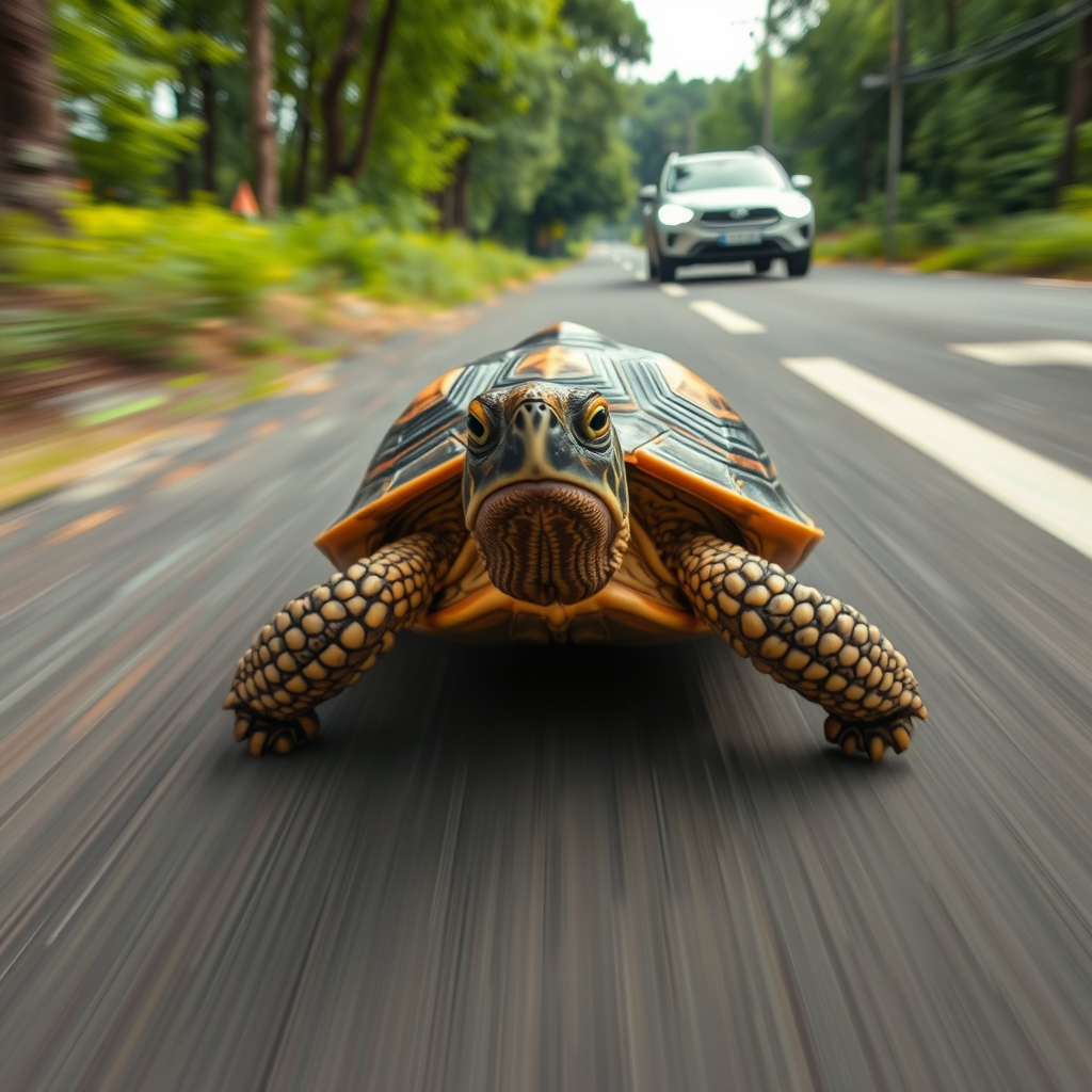 Super Slow Motion Shot of turtle chasing a car Moving Towards Camera.