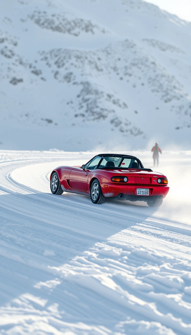 Create an image of a red 1991 Mazda MX-5 drifting on a snowy mountain.