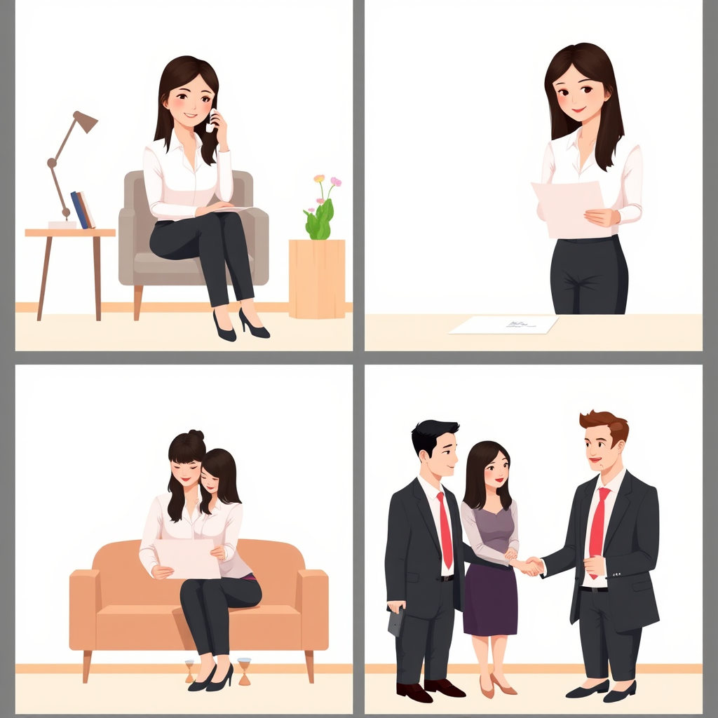 9 frames extremely minimalist flat design digital illustration, real estate agent helping couple buy apartment in Taipei, Anna (30-year-old woman, slim, fair-skinned, long straight black hair, brown eyes, formal work attire with white shirt and black trousers). seed-20240810

{Top Left} Anna sits with the couple in her office to discuss the offer.  
{Top Middle} She makes a phone call to the property seller.  
{Top Right} Anna relays the seller's counter-offer to the couple.  
{Middle Left} The couple discusses privately, then nods in agreement.  
{Middle Center} Anna prepares the necessary paperwork.  
{Middle Right} The couple carefully reads through the documents.  
{Bottom Left} They sign the purchase agreement.  
{Bottom Center} Anna congratulates the couple, shaking their hands.  
{Bottom Right} The couple thanks Anna, all three looking very satisfied. - Image