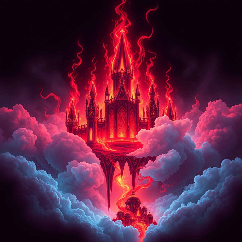 A tee shirt design of a beautiful ruby red kingdom in the clouds on fire with beautiful liquid red ruby dripping with flames. The kingdom has subtle rainbow light embers burning inside. Inside of the kingdom should be reminiscent of beautiful galaxies perfectly blended with chaos. Striking and otherworldly on a transparent background, the flames should have an outline of a beautiful blue ethereal glow.