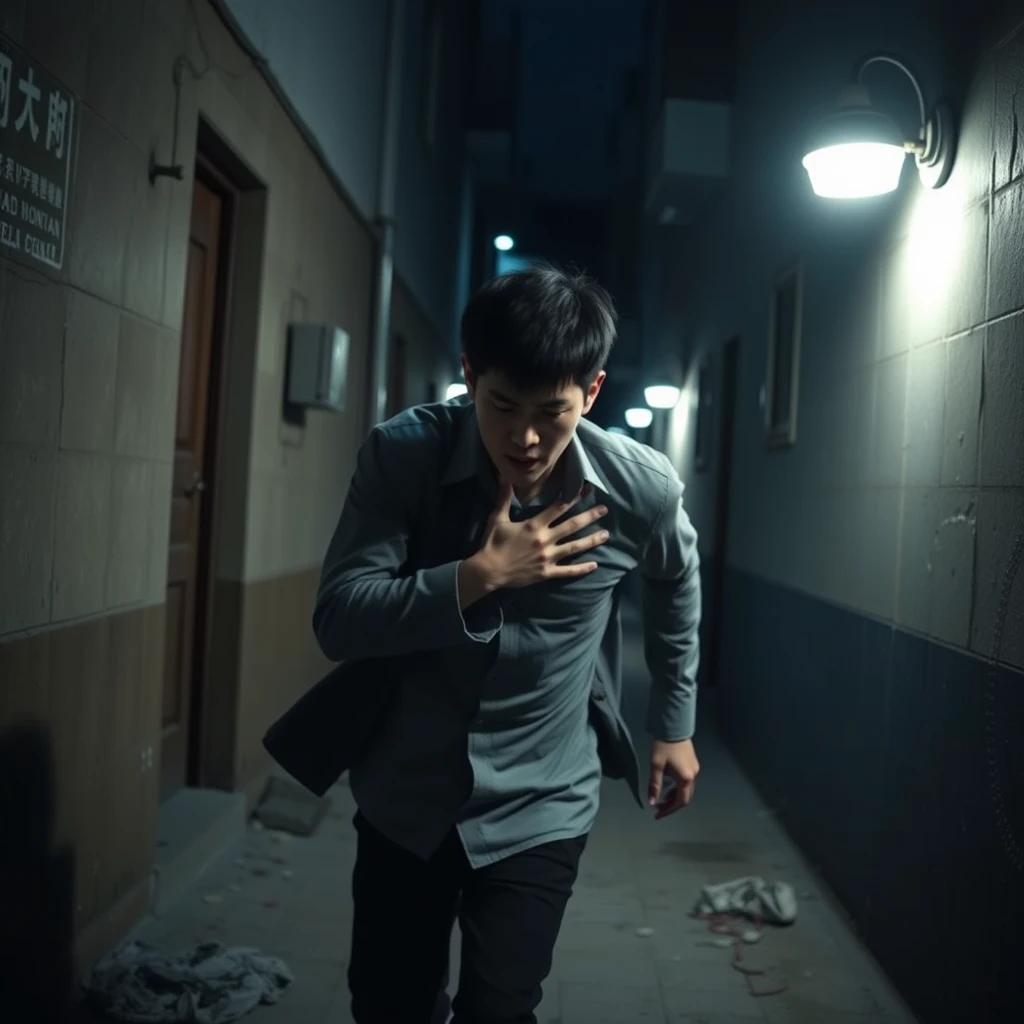 Li Hanxiao was stumbling and running away in pain, pressing his hand to his chest in the dark, narrow alley of the residential building. - Image