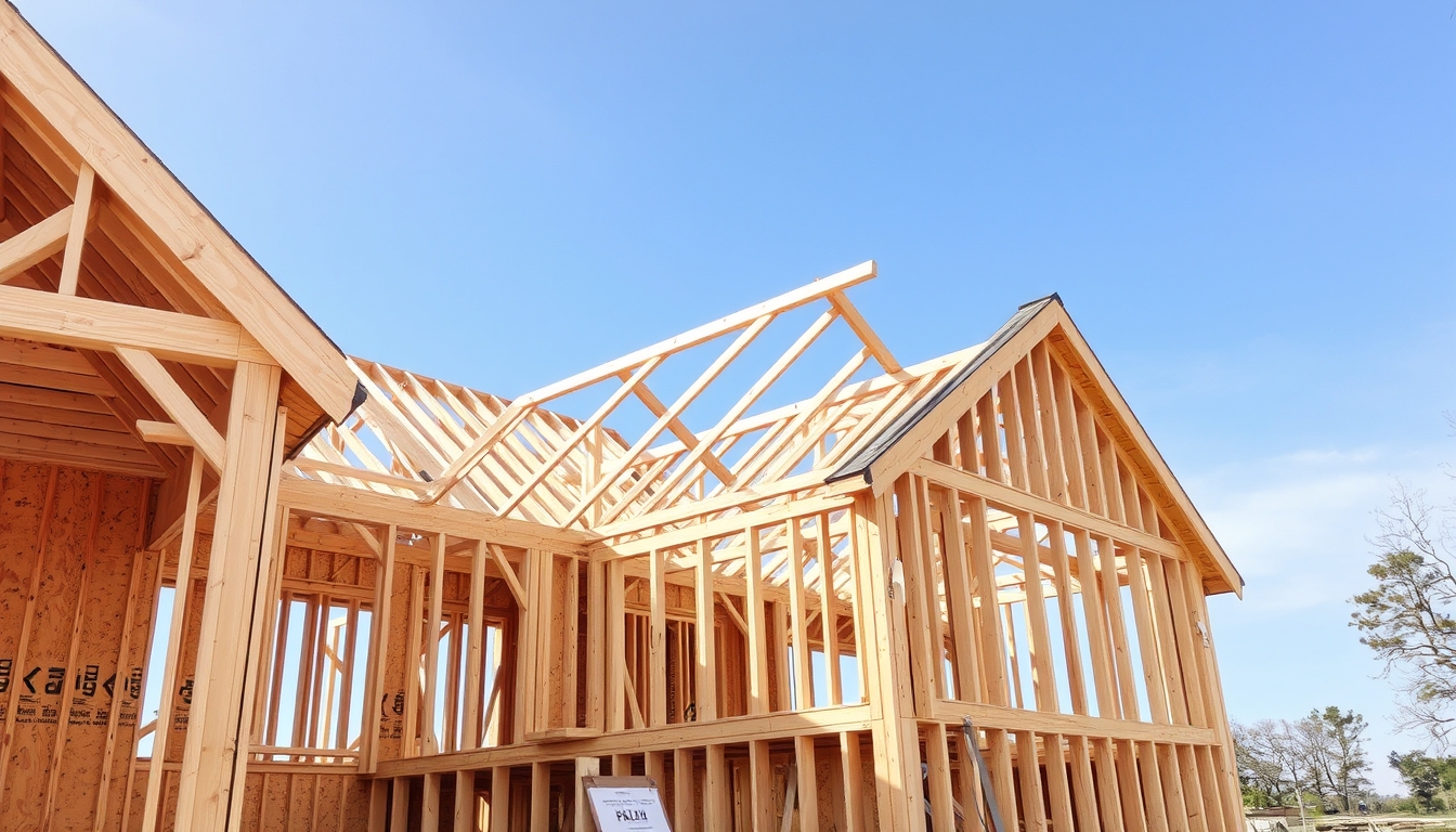 The wooden frame of a house under construction.