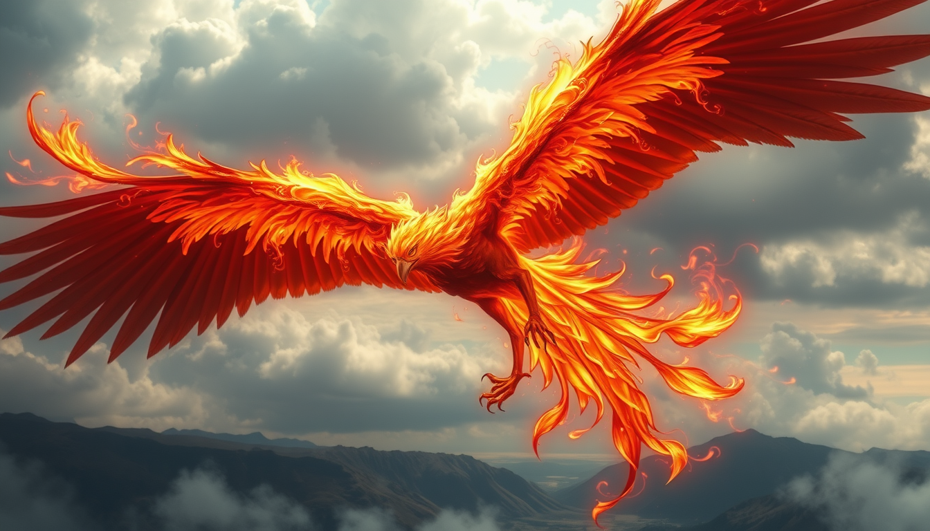 A mesmerizing mystical phoenix fire bird soaring over a stunning landscape. - Image