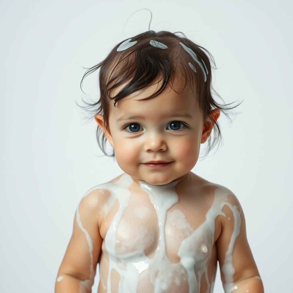 cute little toddler girl with wet oily skin covered in translucent white liquid. whole body.