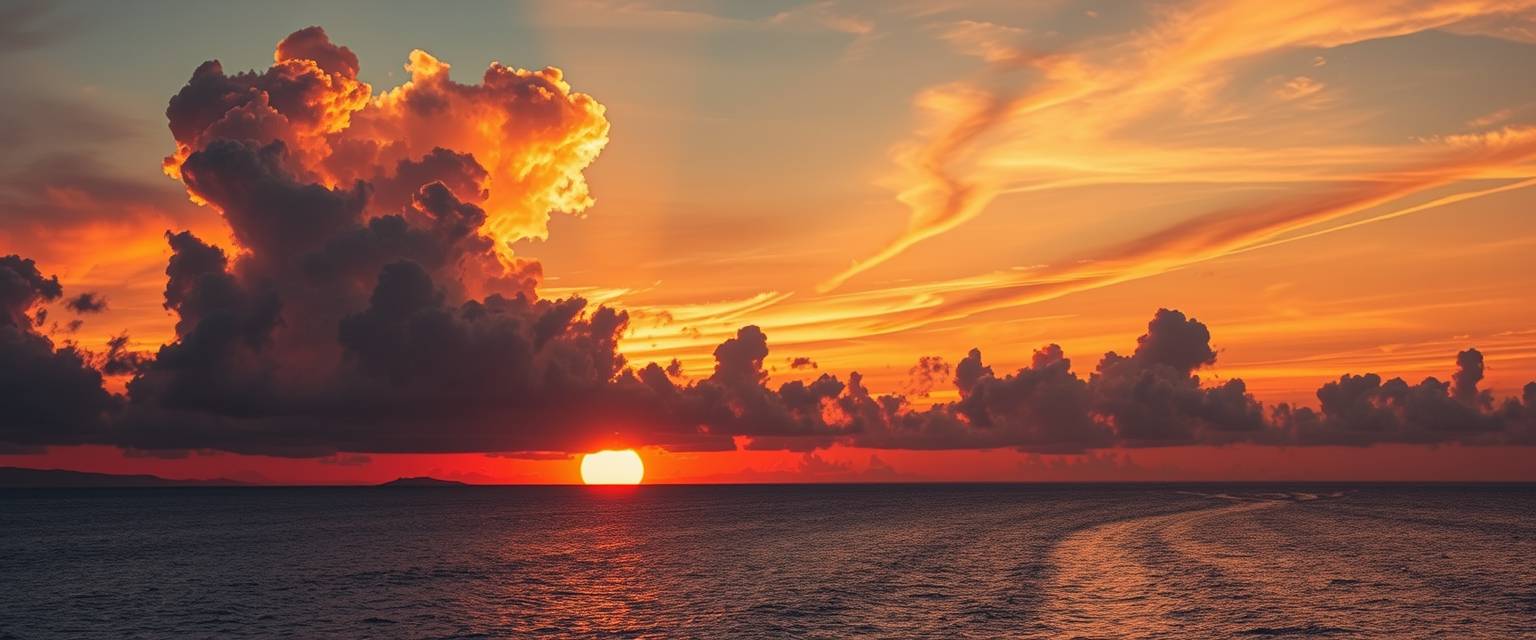 fiery sunset, clouds, high quality, photorealistic, evening sky, reflection, serene, seashells