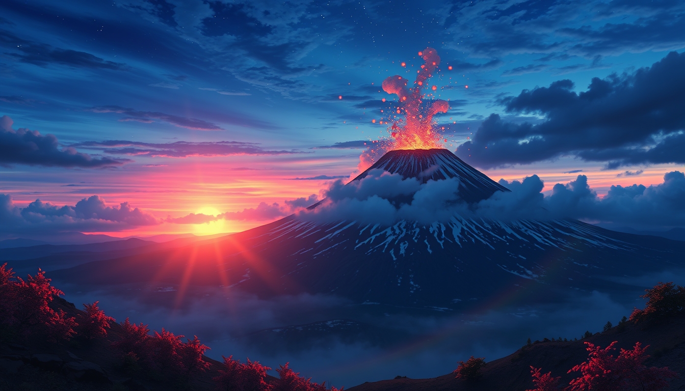 Volcano landscape image. Styled like an anime or game background. Blue sky, sunset, sunrise, night, fog, snow, rain, cloudiness, autumn leaves, rainbow.