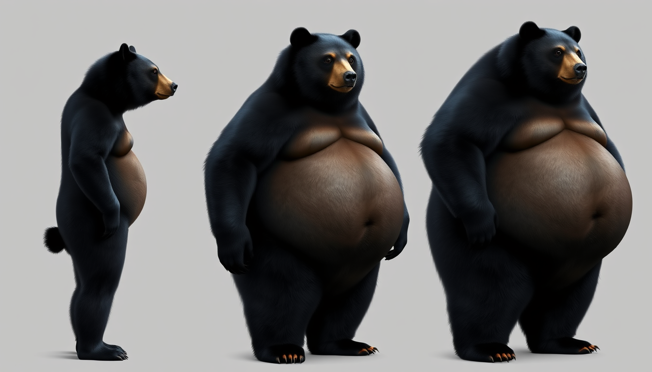 Realistic, quarter view, black bear, standing. Weight gain progression from thin to obese. 3 panels, left thin, middle fat, right obese. - Image