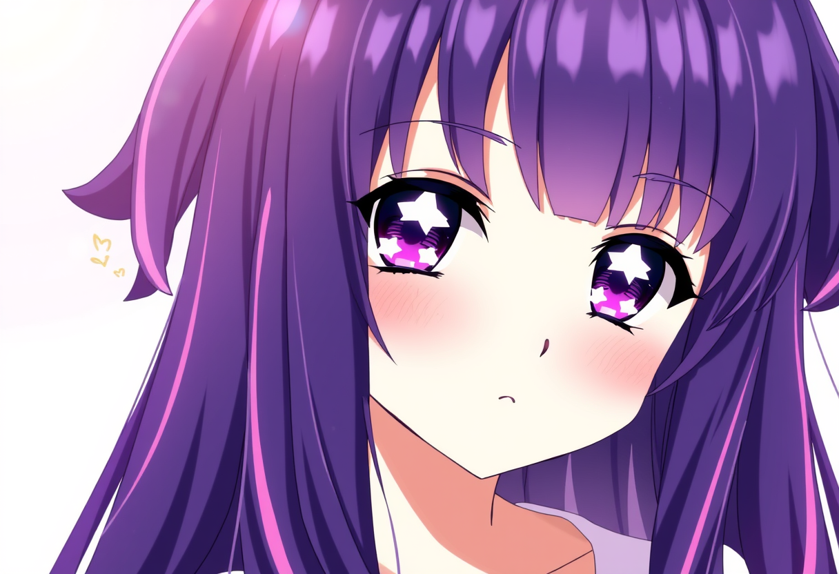 A beautiful young girl with dark-purple and pink-colored eyes with shiny white six-pointed star pupils. She has long indigo and purplish hair that reaches her waist and bangs with pink streaks in them, in an anime moe style.