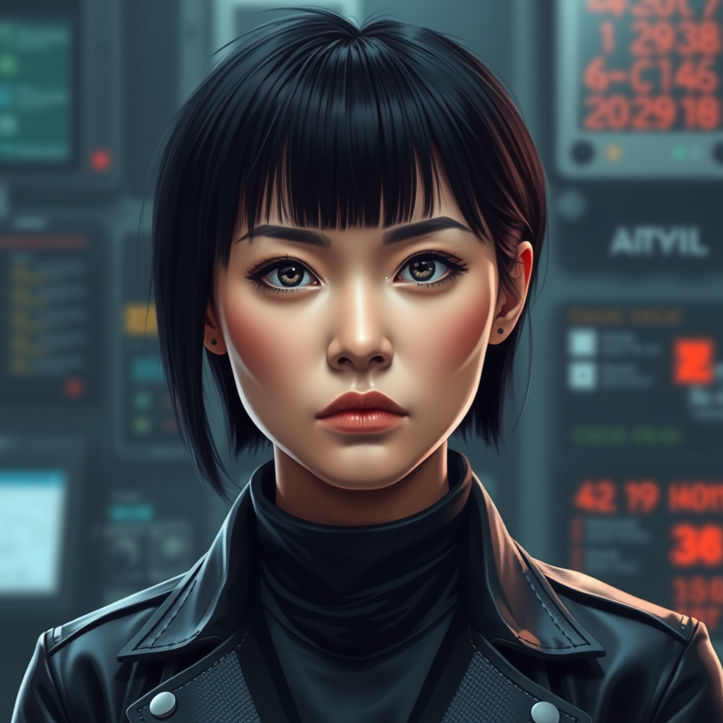 Digital portrait of a grumpy Asian woman with short straight shiny black hair, in black leather. A tech background.