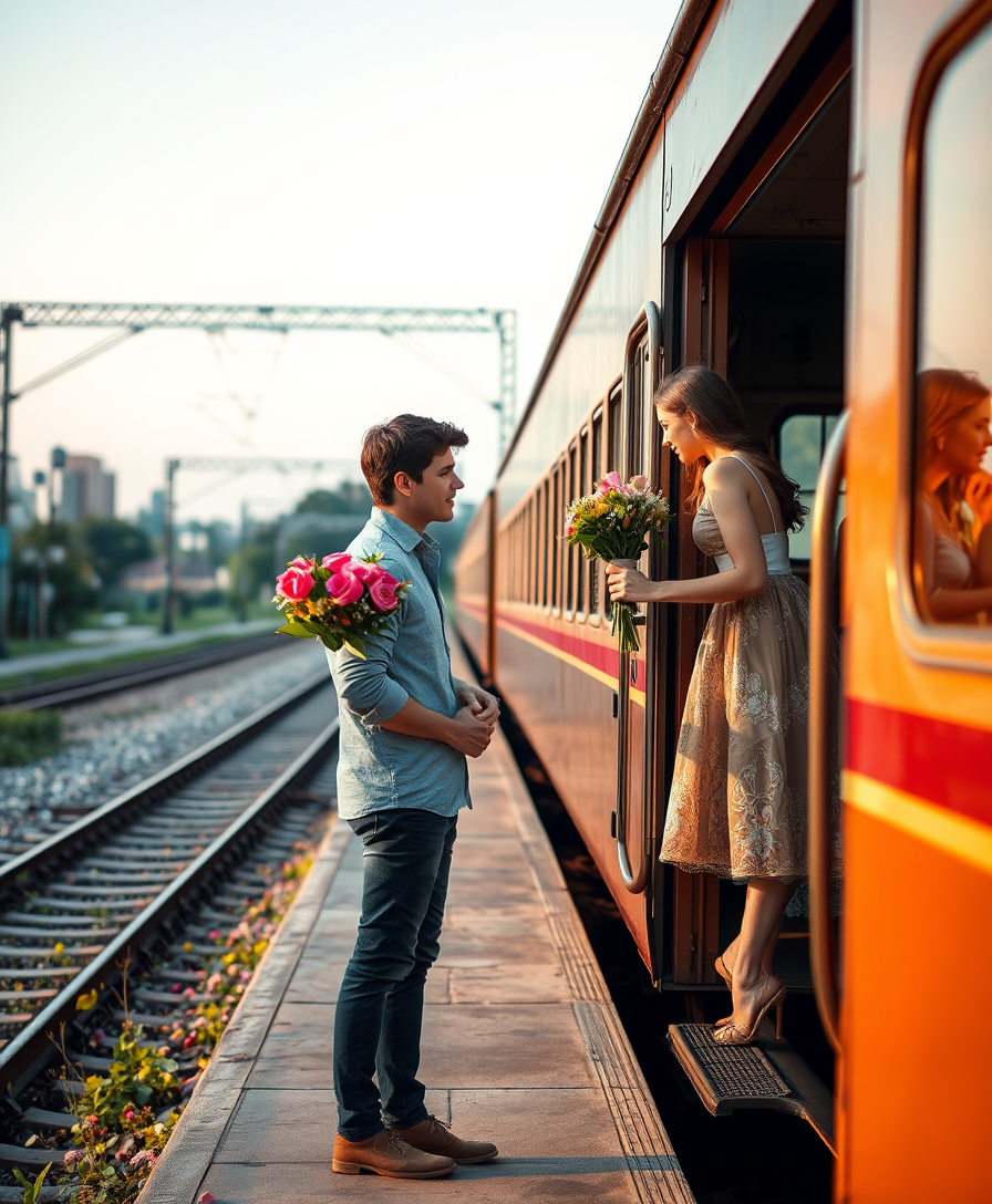 A romantic scene near the train. The guy is standing on the platform with a bouquet of flowers in his hands. A young beautiful girl gets out of the carriage and with tenderness.