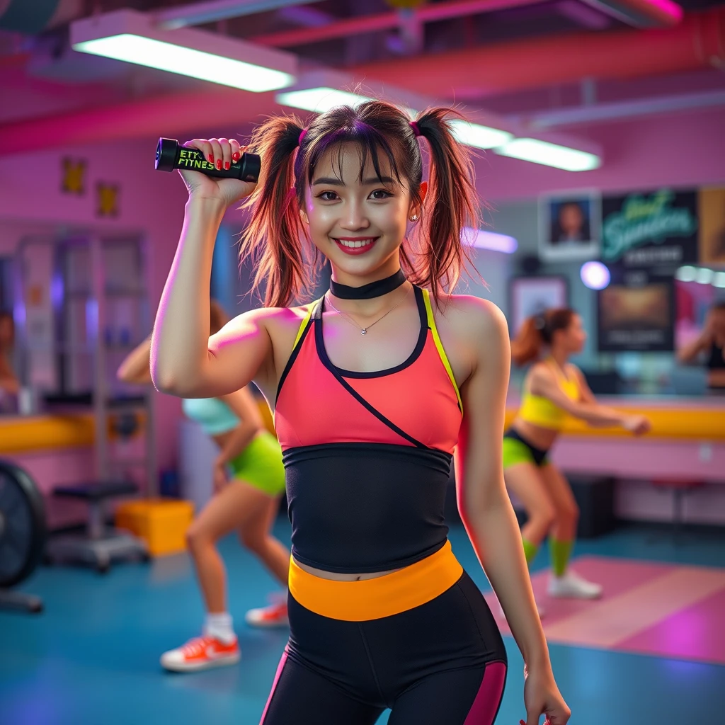 Concept: Revisit the vibrant and energetic era of 80s fitness.  
Style: Bold colors, neon accents, and retro-inspired sportswear. Think leotards, leg warmers, and high-top sneakers.  
Setting: A vintage gym or a studio with retro decor.  
Pose: Aerobic routines, weightlifting, or dance moves.  
Lighting: Use colored gels to create a vibrant and nostalgic atmosphere.  

22-year-old girl, Korean idol, ((Short bridge of the nose)), ((High, slender nose)), young, cute, smile. - Image