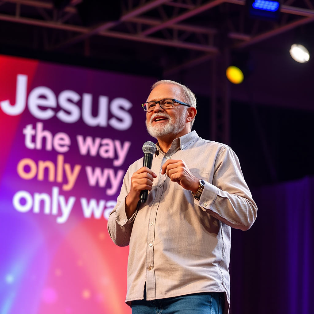 A 4k image of a gospel preacher standing on a platform with a microphone in his hand. He has glasses, a short well-groomed beard, and is dressed youthfully even though he is 71. Behind him is a poster that says “Jesus is the only way.” The stage is colorfully lit. It should be 16x9. The poster should be to the side. He should have two arms.