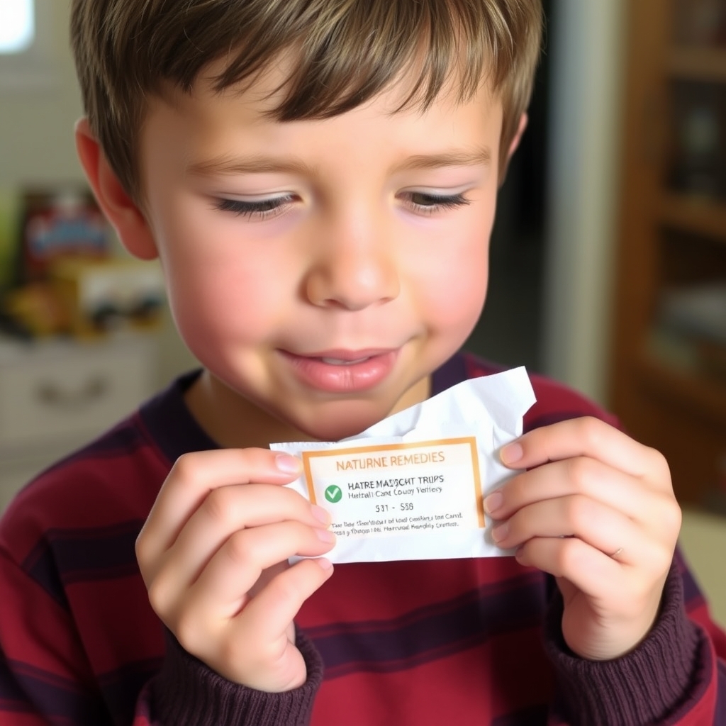 Boy with a tissue packaging homemade herbal cough drops emphasizing the creation of natural remedies for cold symptoms.