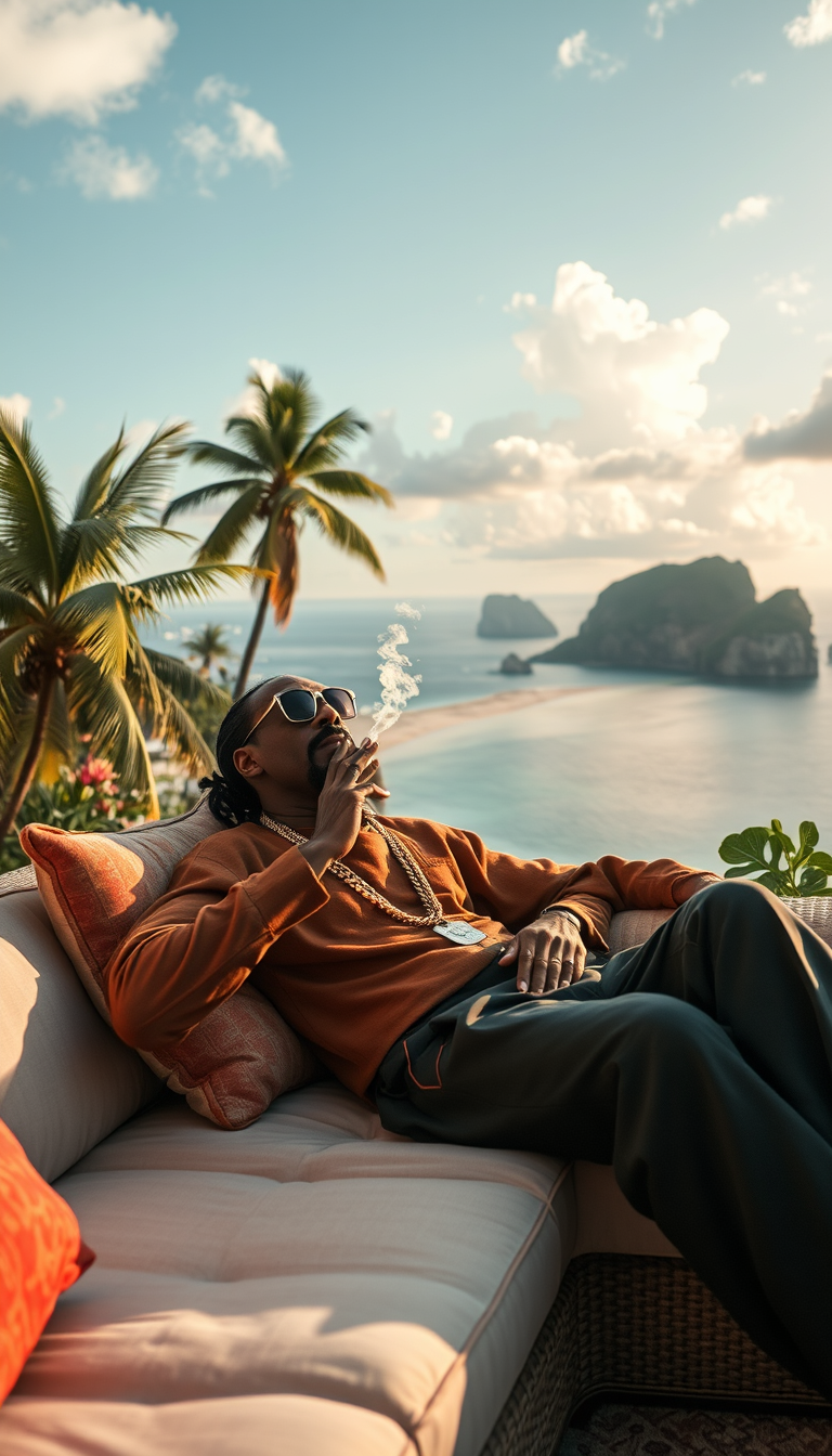 Snoop Dogg smoking on a sofa in an island landscape. - Image