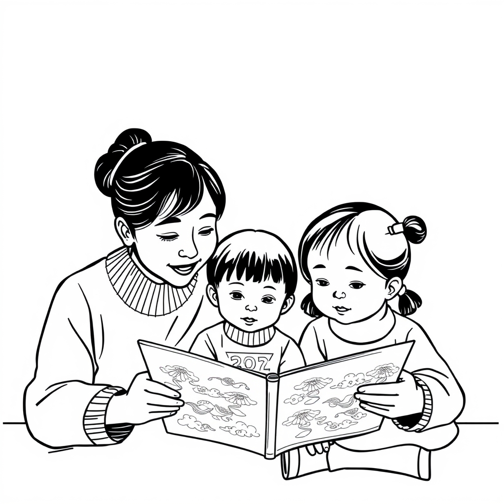 Chinese parents reading with their children in black and white line style. - Image