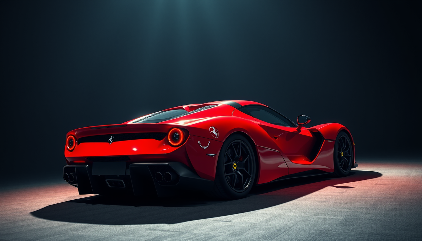 a red ferrari car in the dark, promotional images, evil villain, by William Berra, by Miyamoto, imax render, ring - flash, featured on dribble, staggering in its beauty, viewed in profile, miura, ballistic