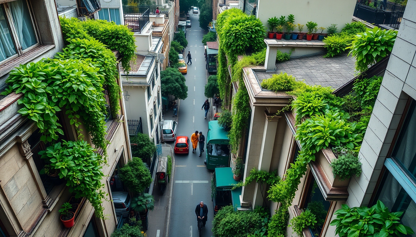 A high-angle shot of a bustling city street, lush green plants spilling from windows and rooftops, creating a vibrant contrast against concrete structures. - Image