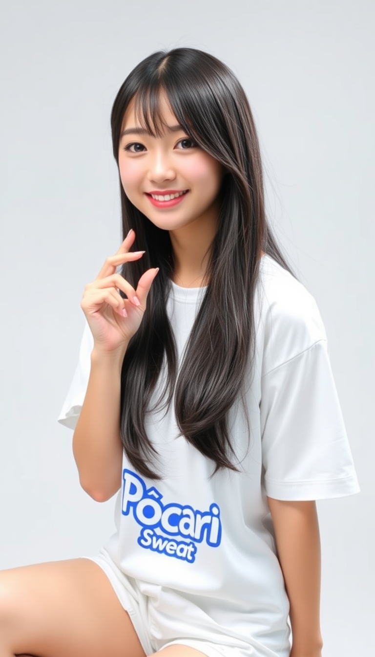 Pocari Sweat model, pure, holy smile, Korean, bishoujo, idol, K-pop, Korean hime cut (hime cut: black side bang long straight hair and bangs and short bold sidelocks), photo, studio lighting, 1 girl, kawaii face, perfect face, perfect eyes, perfect anatomy, white t-shirts short pants.