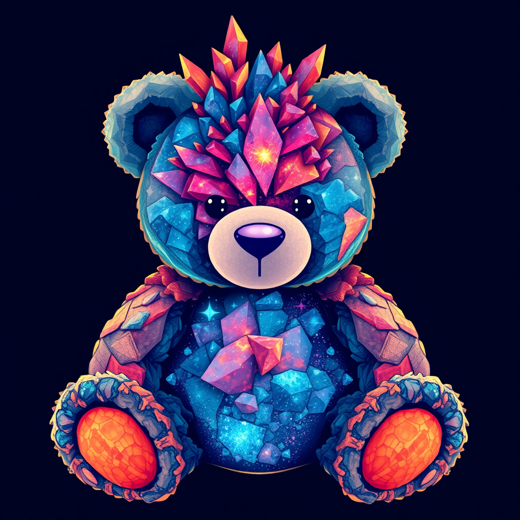 A tee shirt design of a teddy bear whose entire body, ears, and head are perfectly made of a beautiful jagged mineral that looks reminiscent of the universe with uneven colorful shards sticking out. Striking and beautiful, with deep blues and purples contrasting with vibrant reds and orange.