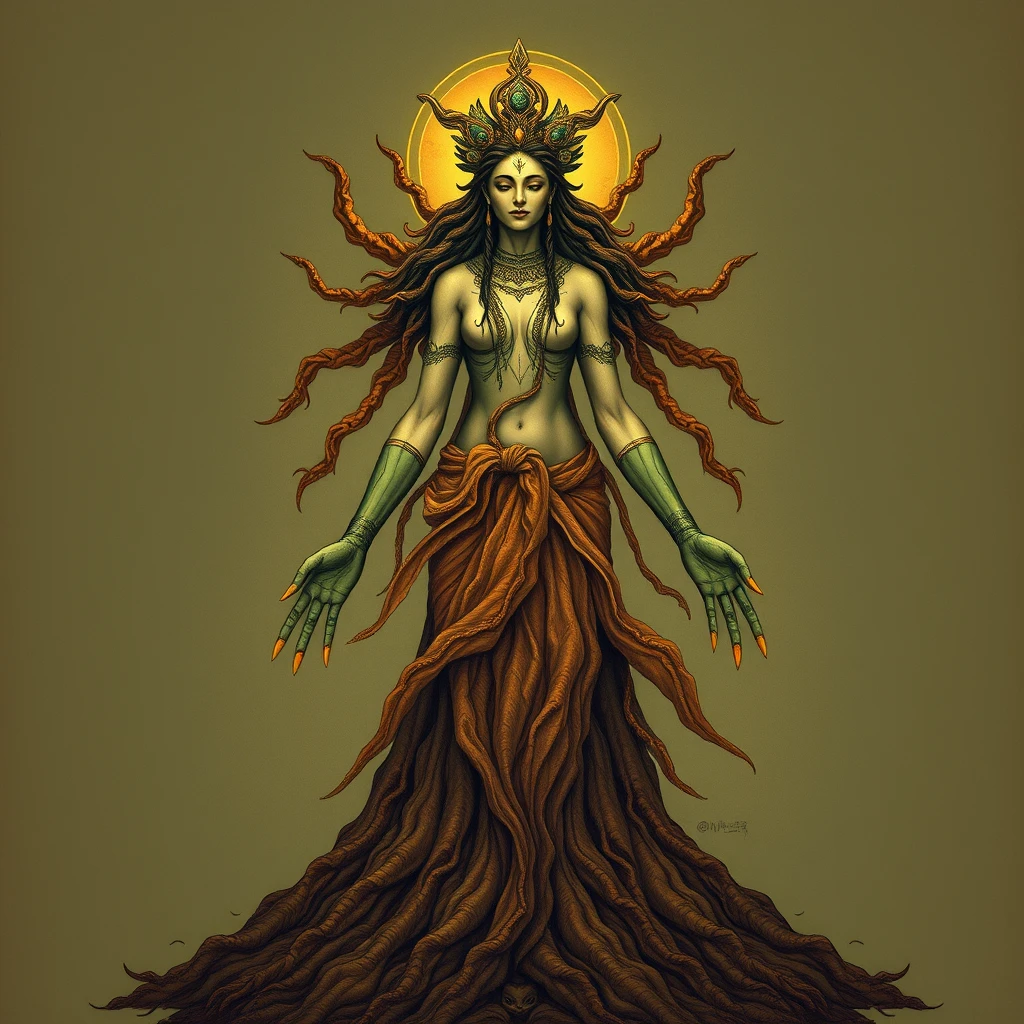 In ancient and enigmatic tales, the Earth Mother is depicted as an embodiment of endless compassion and strength. Her form appears inseparable from the vast expanse of the earth itself, encompassing all that exists within it. Her skin resembles fertile soil, exuding vitality and nurturing countless seeds and aspirations. - Image