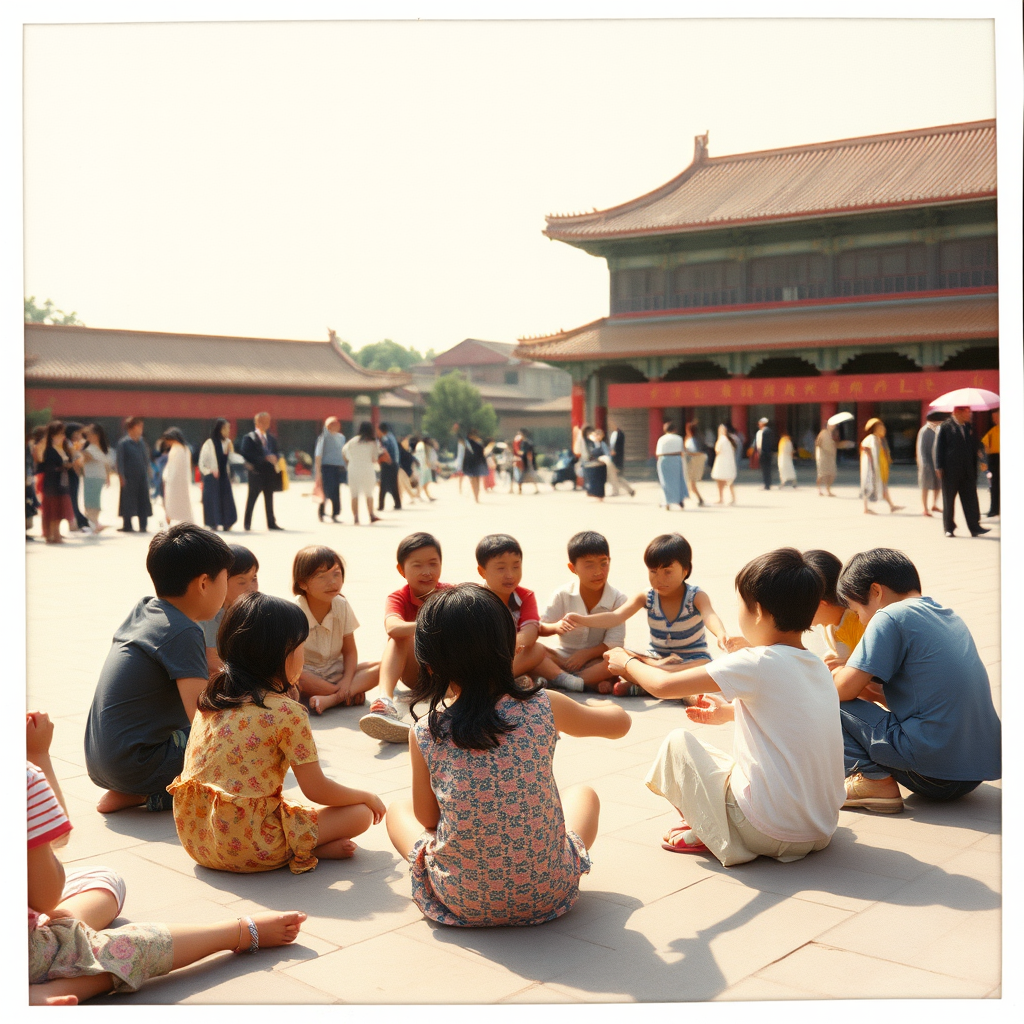 China in the 1980s. Children sitting in a circle and dancing in the square. Summer. Ultra-detailed portrait. Grainy film with light leaks. Polaroid photo with slightly peeling edges. - Image