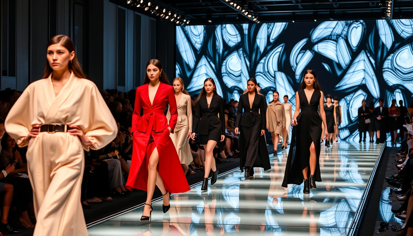 A high-end fashion show with models walking down a glass runway.