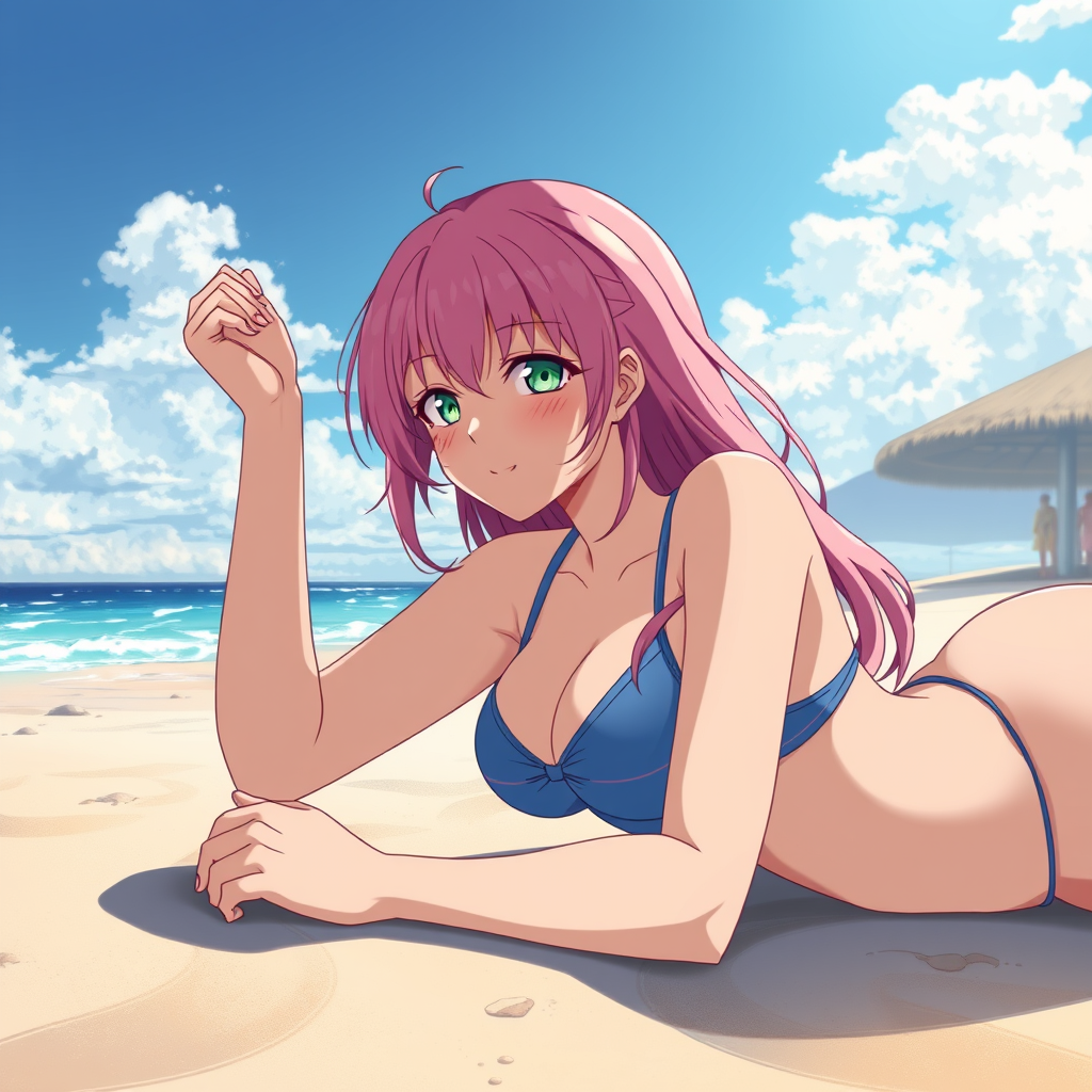 Anime art of a motherly woman, medium shot, pink hair, school swimsuit, detailed scene, laying on stomach at beach, stunning details, trending on artstation, anime artwork, anime cel shading, detailed soft shadows - Image