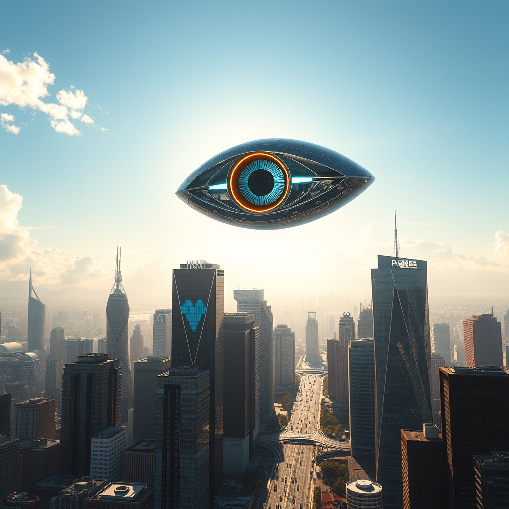 Create a stunning high-resolution image of the city of the future. The skyline should be covered with towering skyscrapers and a laid back, pleasant atmosphere. The clouds are very beautiful and the beautiful sunlight reflecting off the glass surfaces of the buildings creates an atmosphere of excitement and innovation. An eye-shaped craft in the sky, eye-catching appearance, glowing aperture, full of oppression, futuristic technological metallic sheen, very clear and realistic details, 32K, cool tones, high precision, best quality, masterpiece, ultra clear, ground level human looking at the sky perspective, elevation view, 3D modeling rendering, UE5 rendering, schematic rendering, clean colors and scene.