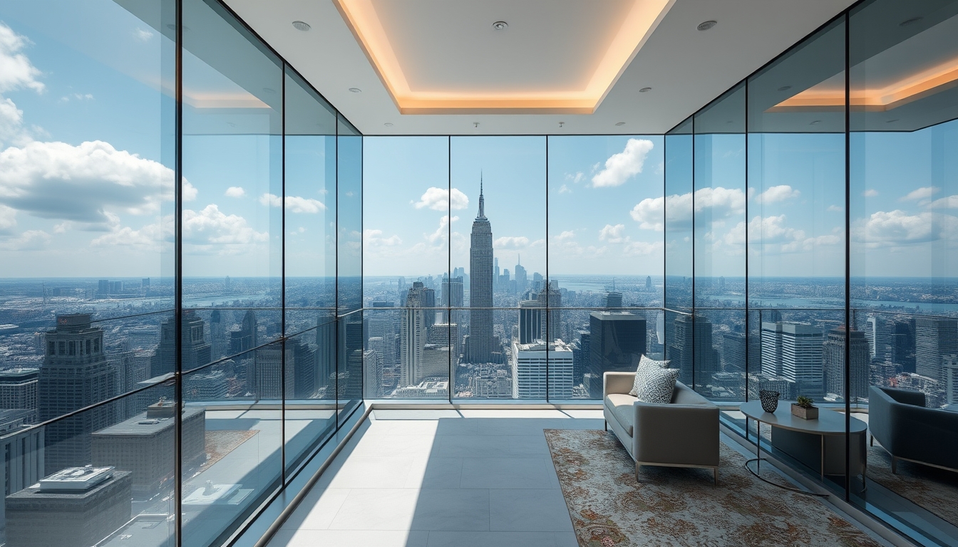 A luxurious glass-walled penthouse apartment overlooking a bustling city.