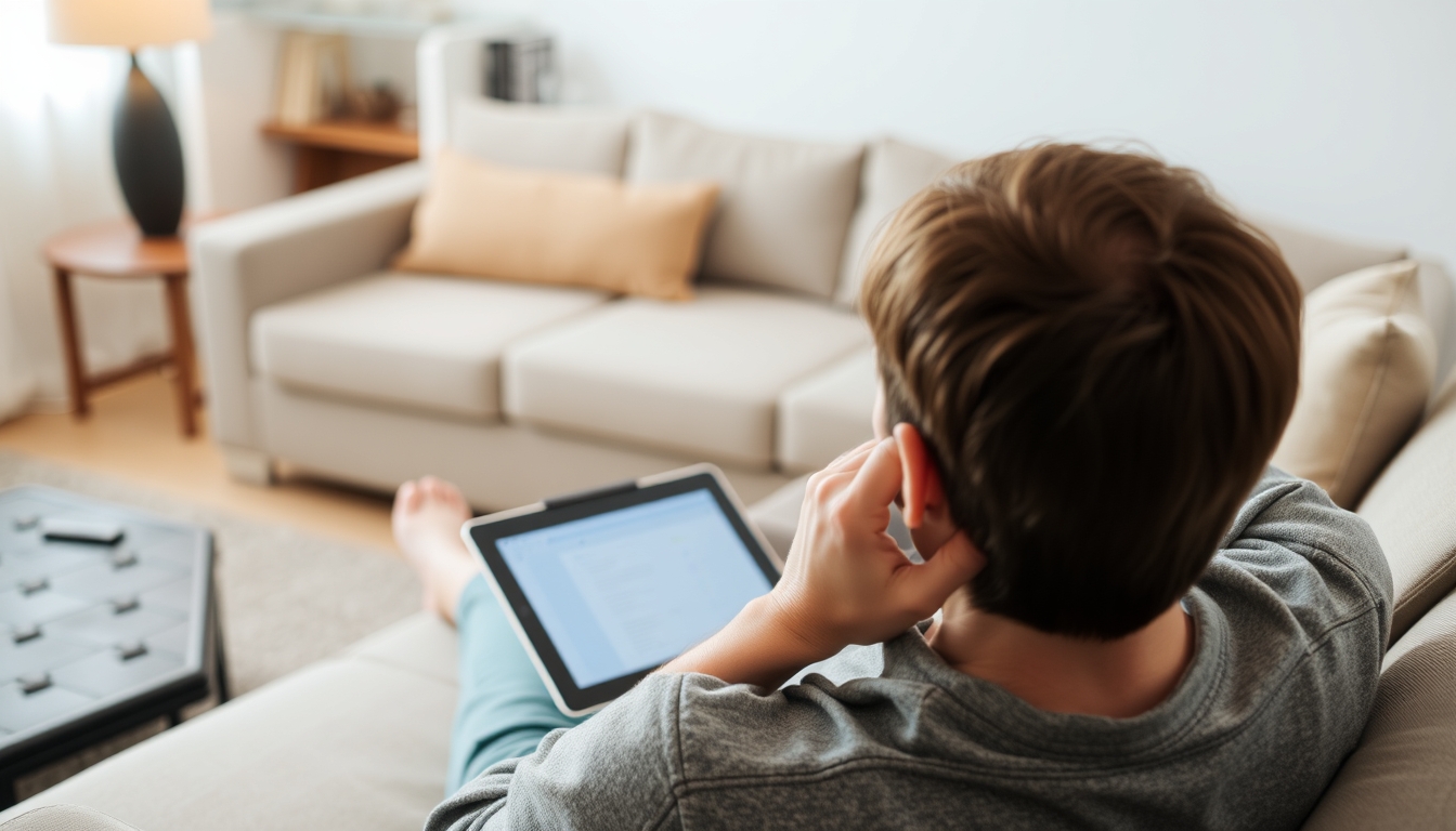 A person is sitting at home on the sofa and looking at a tablet. View over the person's shoulder.