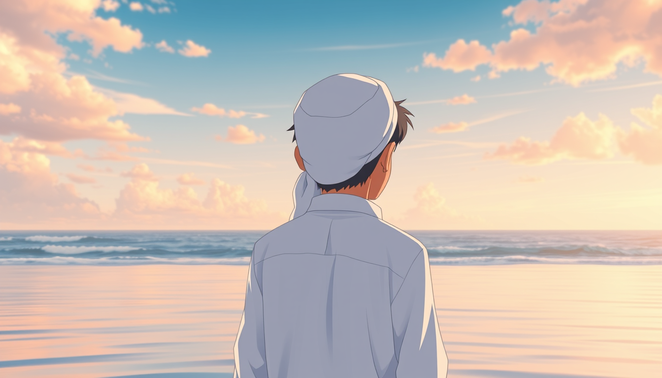 A Muslim boy in white clothing standing behind an ocean horizon, anime style, 4K aesthetic, lifelike appearance. - Image