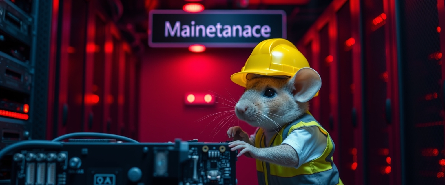 A small mouse with a hard hat and high visibility vest is repairing a circuit board. The mouse has a serious look in his eyes. The background shows a server room with only red emergency lighting, creating a red ambient light. There is a text sign at the top of the image saying "Maintenance". - Image