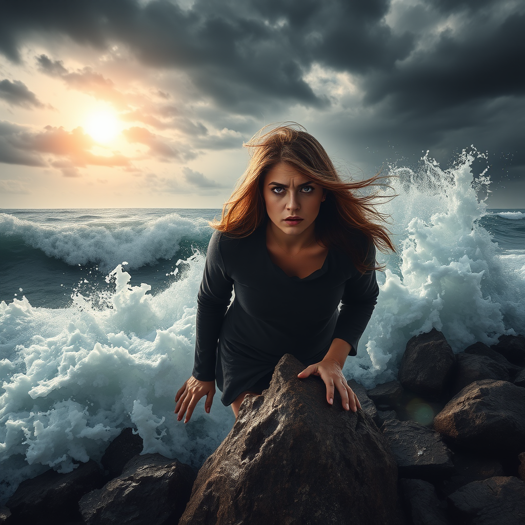 A troubled woman stands on a rocky shore as the relentless ocean waves crash around her, their frothy white crests reaching out like desperate hands. The sky above is a swirl of stormy grays, with the sun struggling to break through the clouds. The woman's hair whips around her face as she clings to the rock, her eyes filled with a mixture of fear and determination. The waves, powerful and unyielding, seem to mirror her inner turmoil, yet there is a sense of hope in the air, as if the sun's rays are trying to pierce through the darkness and bring her peace.