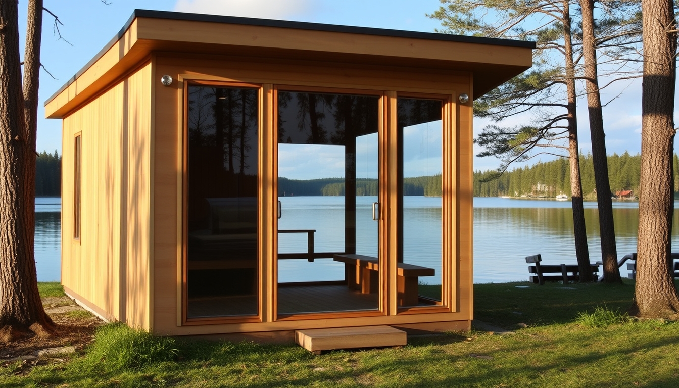 A peaceful lakeside retreat with a glass-fronted sauna overlooking the water. - Image