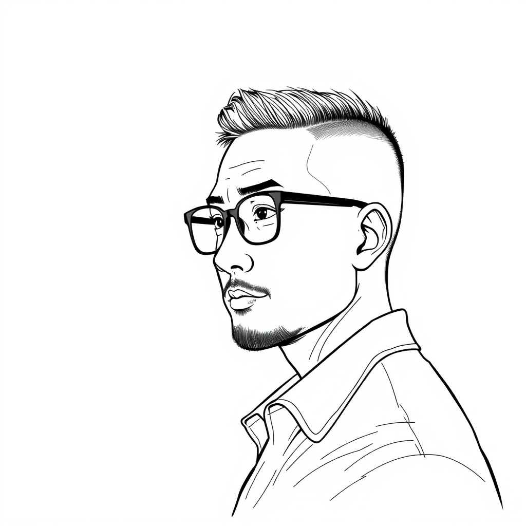 "Create a cool line drawing of a man around 35 years old, slightly turned to the right, with a crew cut and a sturdy build. He is Asian, wearing framed glasses for nearsightedness, has a bit of a beard on his chin, and is wearing a shirt. His demeanor has a bit of a rogue charm, yet he also exudes refinement." - Image