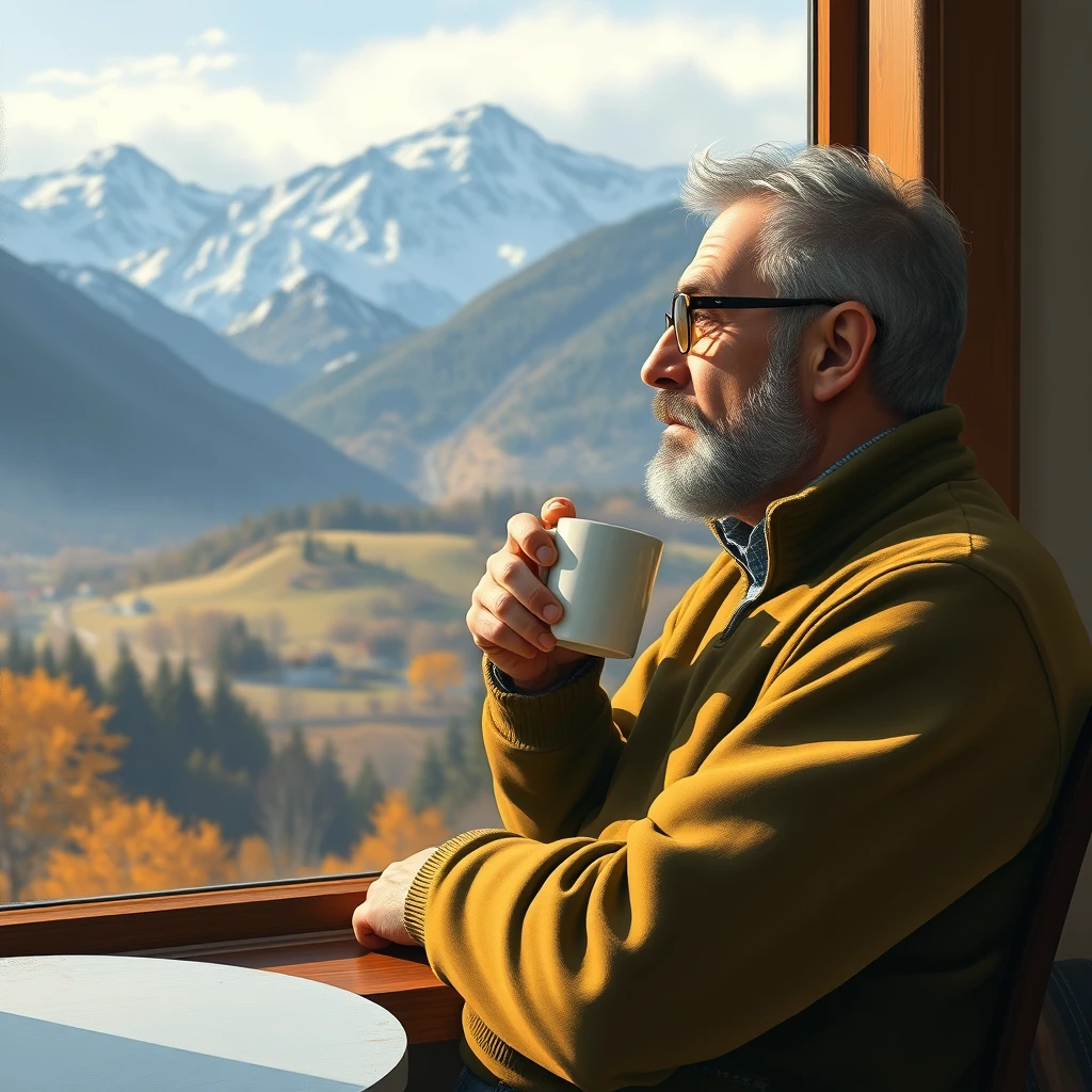 "Please paint a realistic depiction of a man in his late 40s, sitting in a house that resembles a café in the mountains. He is gazing out at the distant mountains through a large window while sipping coffee from a mug. He stands at 174 cm tall and weighs 80 kg, wearing glasses and sporting a short beard of 3 mm only under his nose and mouth. The season is autumn, and beyond the mountains, there are some hills that are not very high, with about five small houses barely visible at the foot of the mountains." - Image