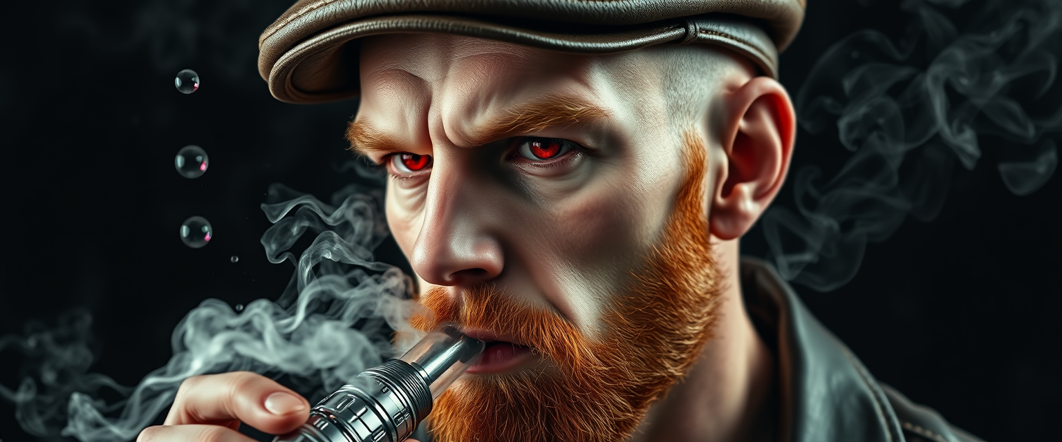 Hyper-realistic three-quarter portrait of a demonized white male, bald with meticulously detailed ginger stubble, donning a worn leather flatcap. Piercing red eyes gleam as he exhales dense, swirling vapor clouds from an intricately designed chrome vapemod. Iridescent e-liquid droplets suspended mid-air.