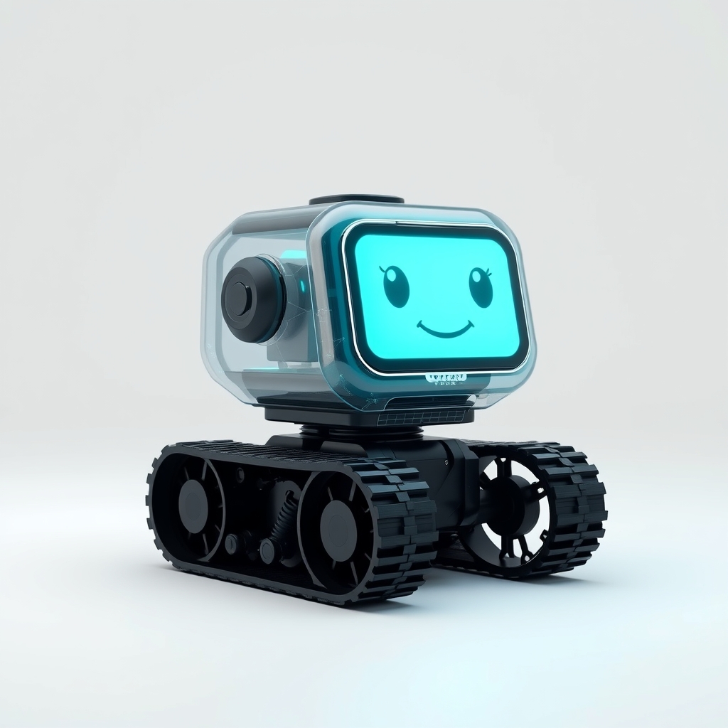 Cute aesthetic, a (small and cute semi transparent triangular tracked robot) with an LED screen face, emoticon, stunning unreal engine render, intricate details, Simple Background.