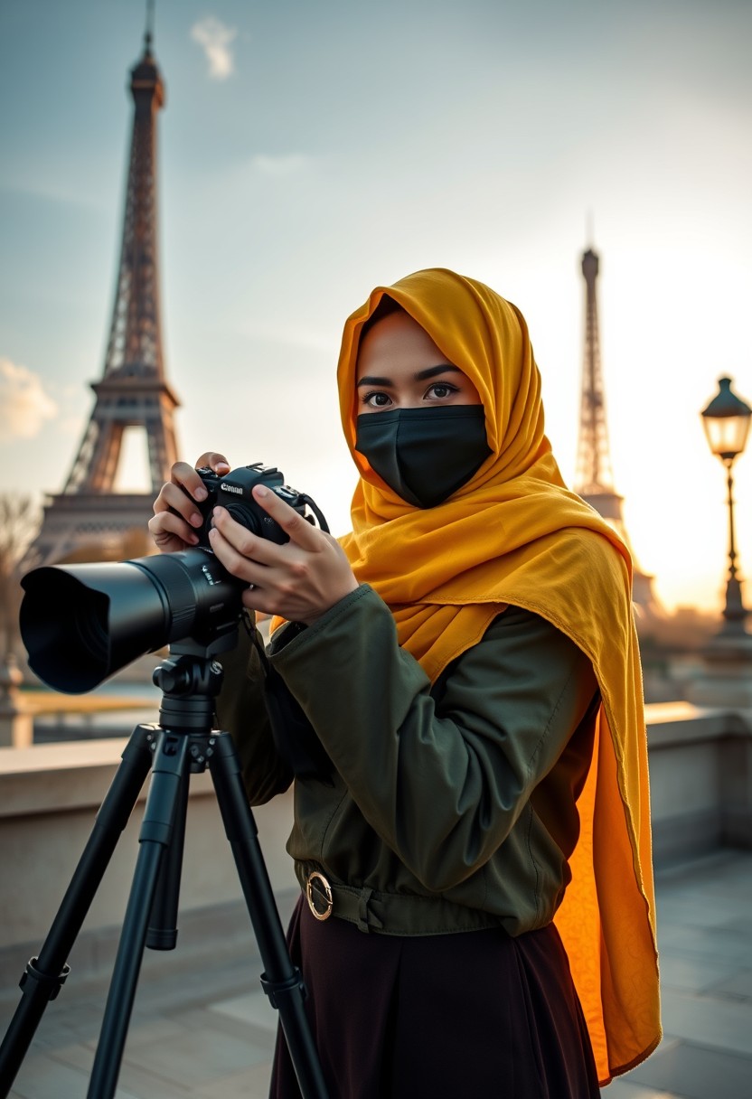 Biggest hijab yellow Muslim girl, beautiful eyes, face mask black, green army leather jacket, biggest skirt, camera DSLR Canon, tripod, taking photos of Eiffel Tower, sunrise, morning scenery, hyper realistic, street photography. - Image