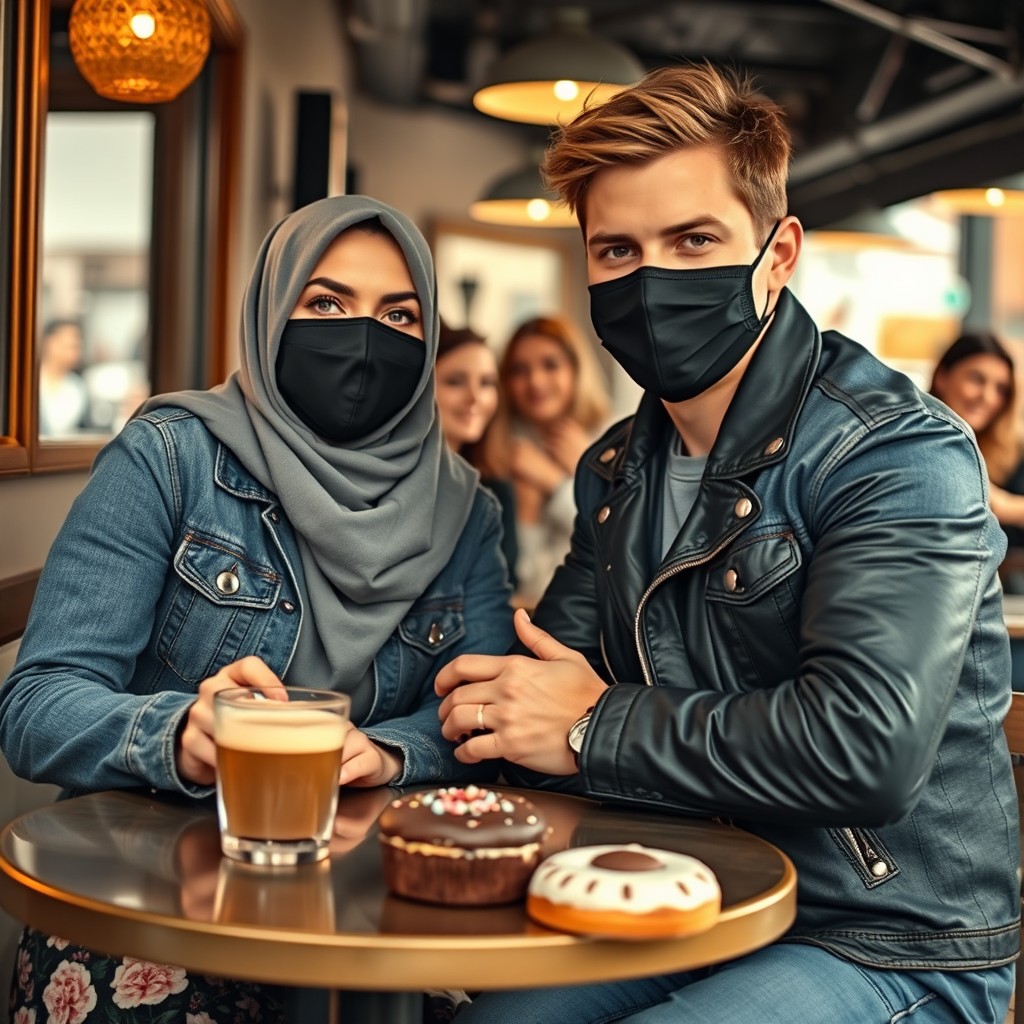 Jamie Dornan's head and body shot, handsome, black face mask, blue jeans jacket, jeans, dating a Muslim girl in a grey hijab with beautiful eyes, black face mask, black leather jacket, biggest floral skirt, at a cafe, 2 cups of latte, muffin cake, chocolate donut on a table, with another 4 friends smiling in the back, photorealistic, hyper-realistic, street photography, selfie. - Image