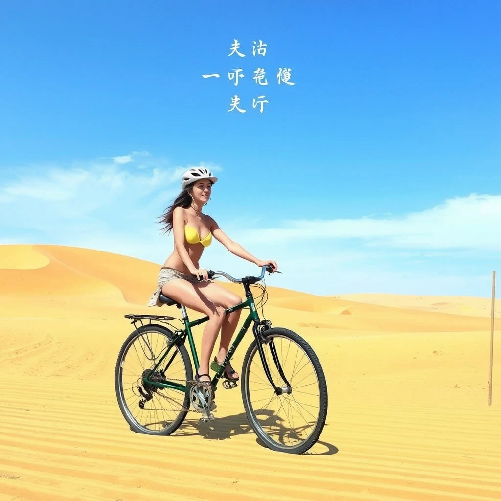 In the desert, someone is riding a bicycle. She is very hot, so she is not wearing much. Additionally, there are Chinese characters or Japanese. - Image