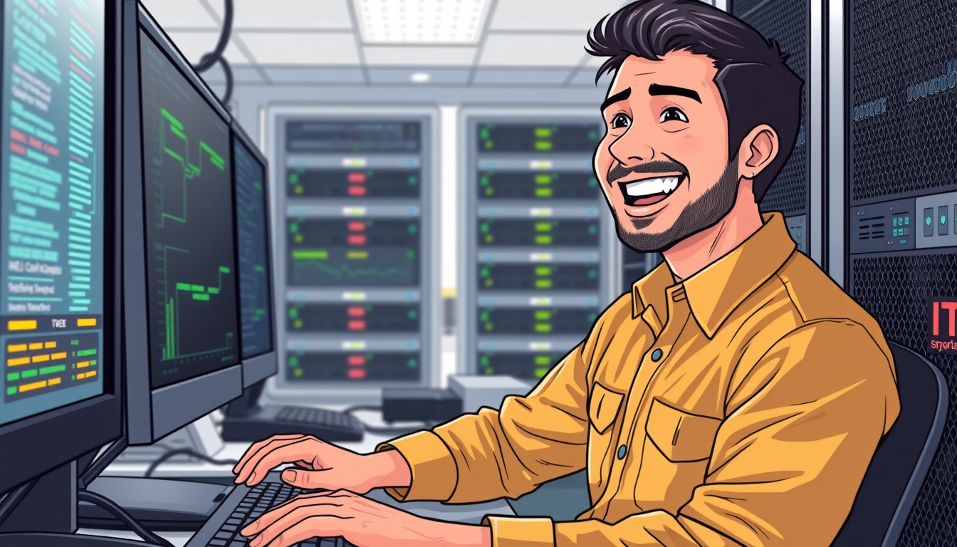 Joyful IT Professional: A High-Resolution Illustration of a Man Smiling Happily While Working in a Server Room, Engaged in System Updates, Firmware Installations, and Software Development. - Image