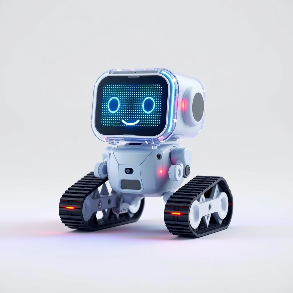 Cute aesthetic, a small and cute semi-transparent triangular tracked robot with an LED screen face, emoticon, stunning unreal engine render, intricate details, simple background, right perspective. - Image