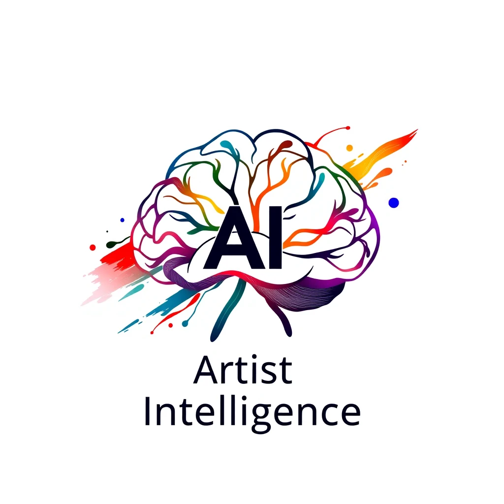 Logo of artistic intelligence: sleek, abstract brain intertwined with paintbrush strokes. Featuring the letter AI and the text Artistic Intelligence. Vibrant neural pathways pulse with rainbow hues. Minimalist yet intricate design on stark white background. Futuristic Art Nouveau style. Conveys creativity, innovation, and technological synergy. Evokes awe and curiosity. - Image