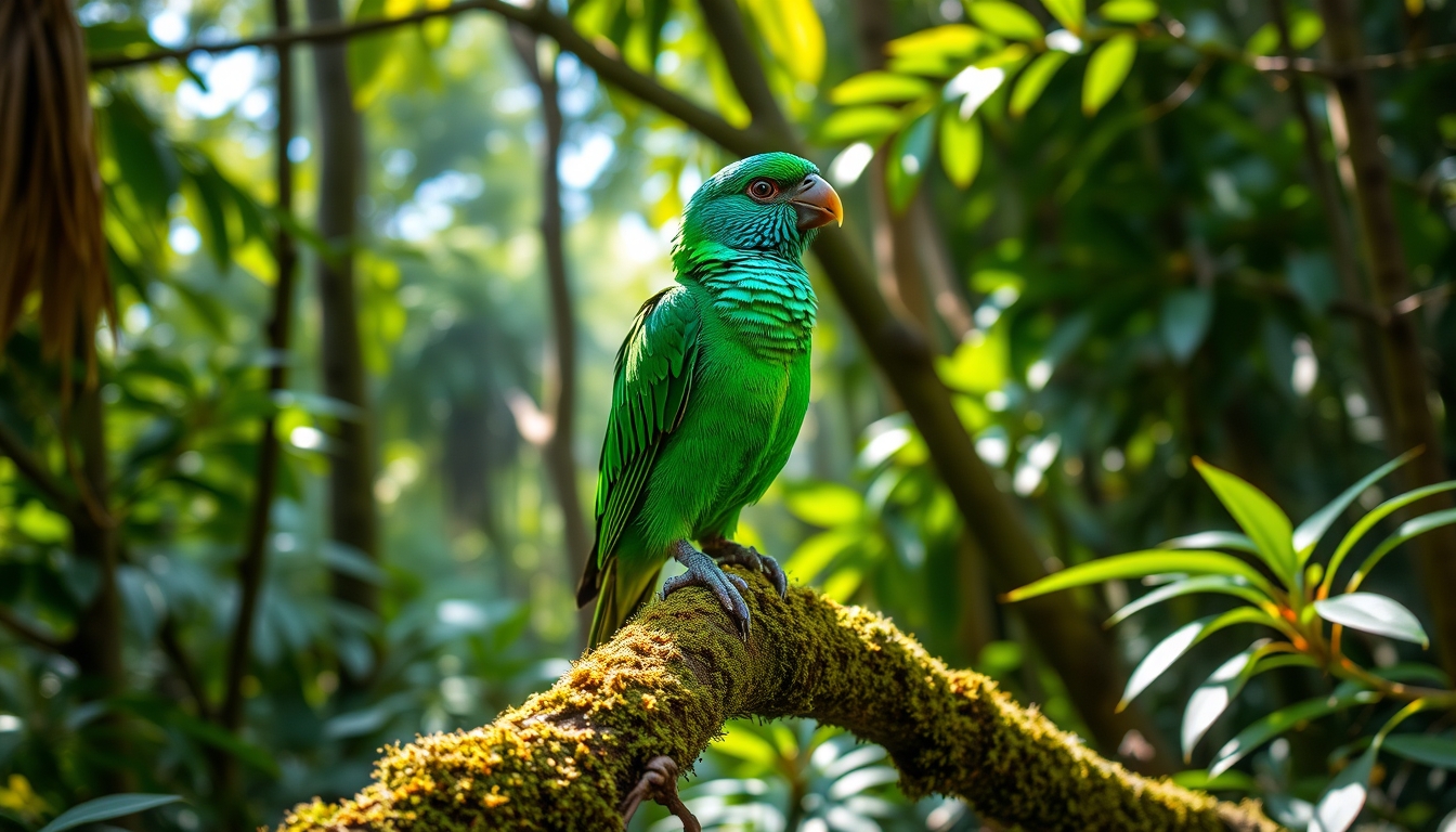 A vibrant emerald green bird with iridescent feathers, perched gracefully on a moss-covered branch in a dense, lush South American rainforest. The sunlight filters through the canopy, casting dappled light on the bird's plumage, highlighting its vibrant colors.