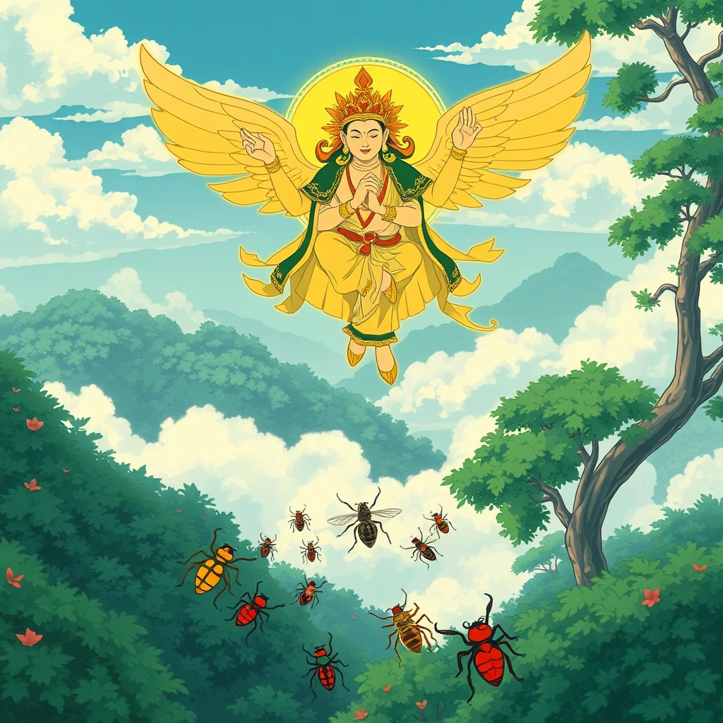 An image of Vajrasattva in a Japanime Studio Ghibli version, flying above an Indian forest, above a troop of various insects.