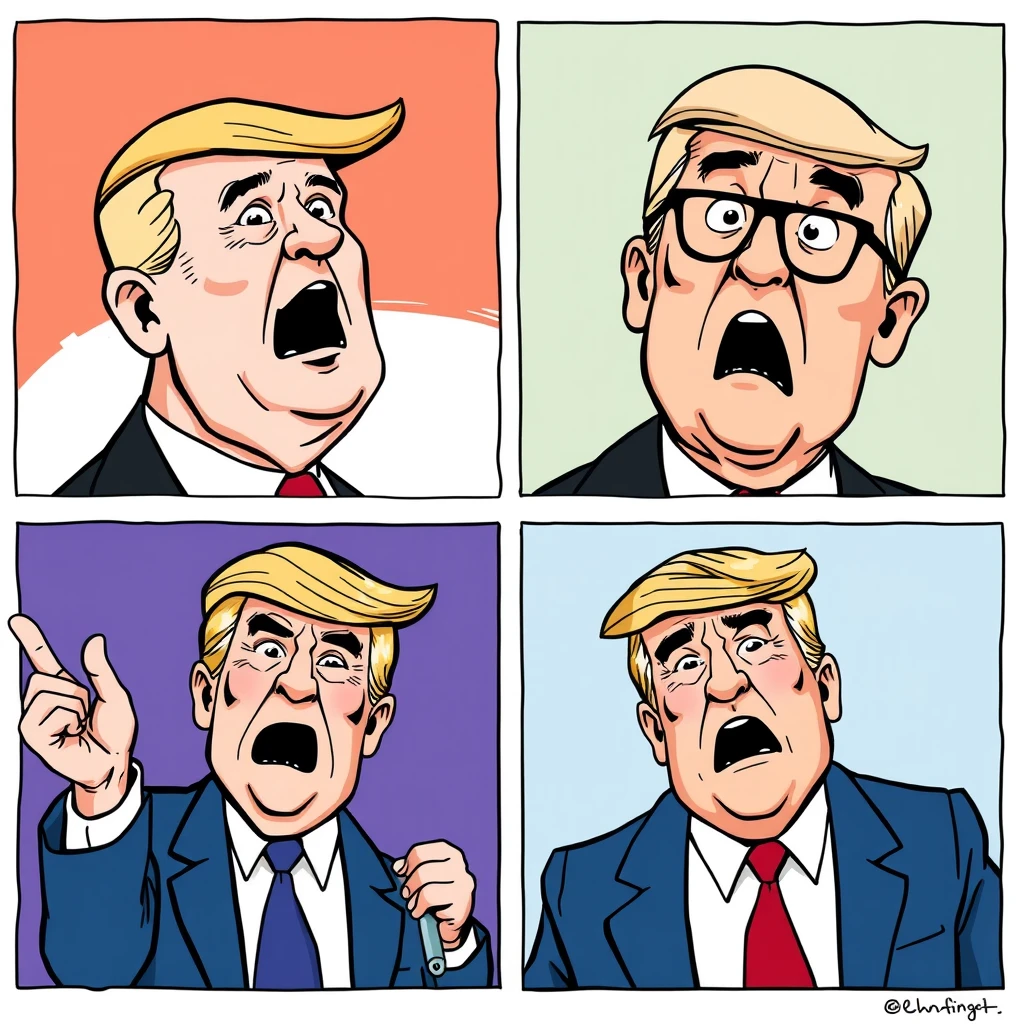 Make a panel with four sections, each one imitating the style of the best-known political cartoonists.