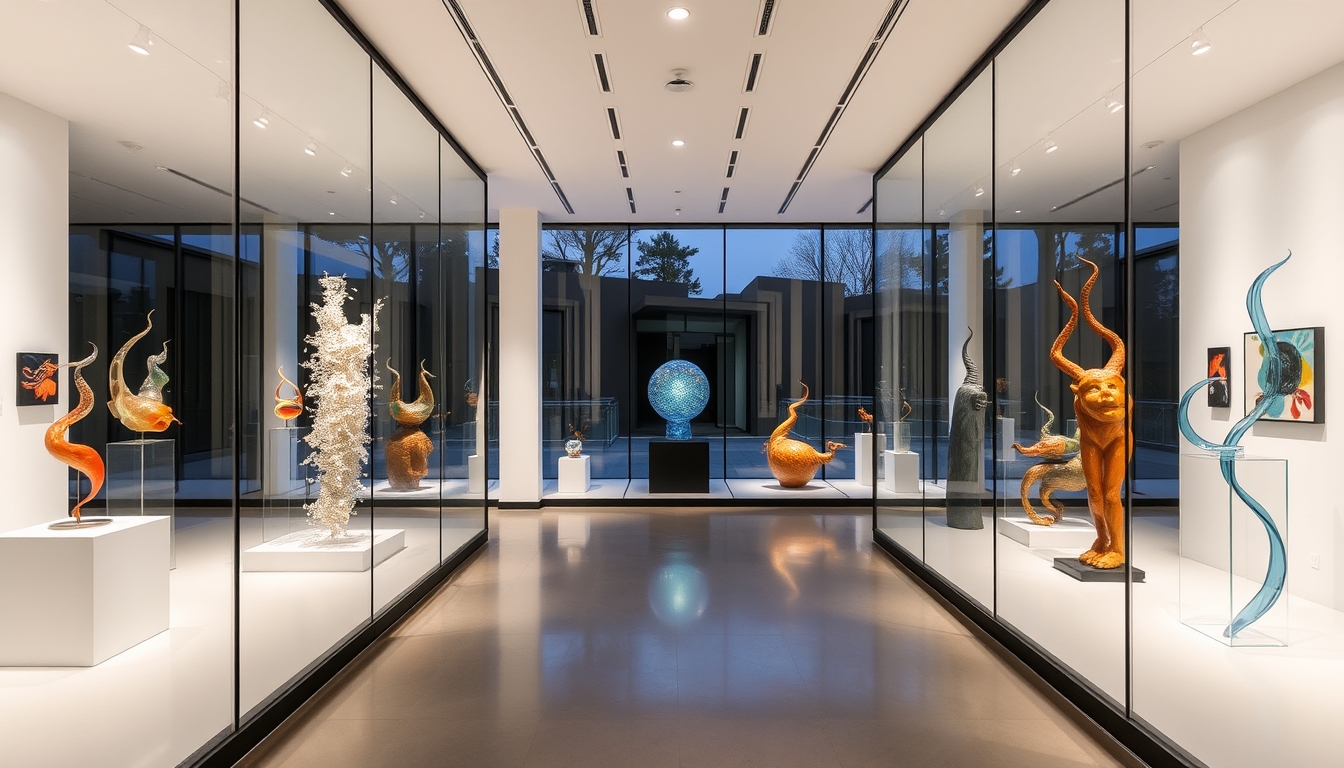 A modern art gallery with glass walls, showcasing contemporary glass sculptures.