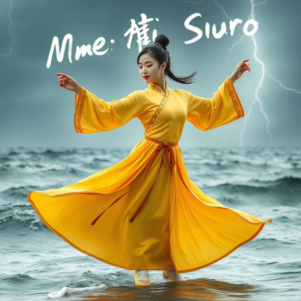 Korean woman dancing in a yellow traditional costume. In the middle of a waving sea. Lightning and thunder, with the words "Mme. AI Suro" written in scribbles in the sky, graceful and noble dancing. Full shot, yellow traditional shoes, neatly tied black hair. White floral socks, agile movements. - Image