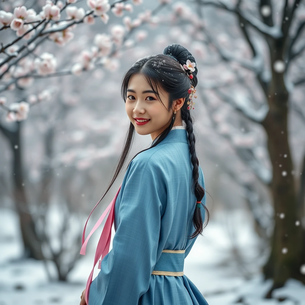 An 18-year-old beautiful Asian girl, wearing ancient blue Hanfu, elegantly looks back and smiles, ribbons falling, in an outdoor plum blossom garden, with snow on the ground and snowflakes falling, 4K, ultra-high definition, realistic, masterpiece, best, cinematic, size 16:9.